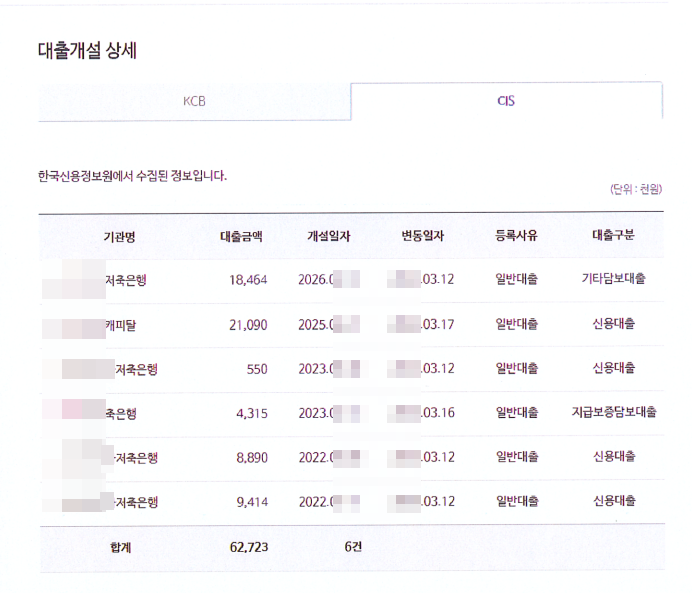진행 전 — 신용정보회사에서 조회한 저축은행·캐피탈 등 다건의 고금리 대출 현황 (개인정보 비식별 처리)